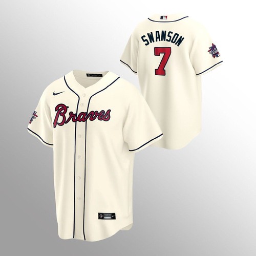 Atlanta Atlanta Braves #7 Dansby Swanson Men's 150th Anniversary 2021 World Series Game Jersey - Cream Men's