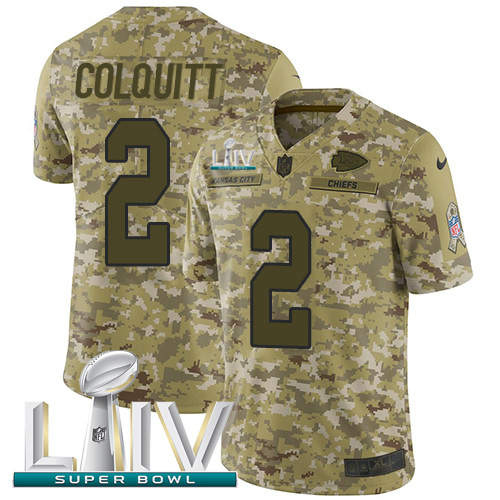 Kansas City Chiefs #2 Dustin Colquitt Camo Super Bowl LIV 2020 Youth Stitched Limited 2018 Salute To Service Jersey Youth