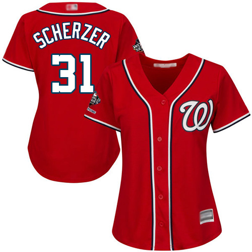 Washington Nationals #31 Max Scherzer Red Alternate 2019 World Series Champions Women's Stitched Jersey Womens
