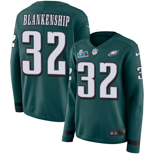 Eagles #32 Reed Blankenship Green Team Color Super Bowl LVII Patch Women's Stitched Limited Therma Long Sleeve Jersey