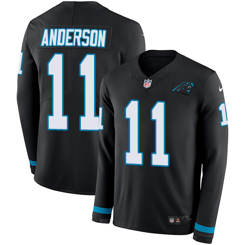 Carolina Panthers #11 Robby Anderson Black Team Color Youth Stitched Limited Therma Long Sleeve Jersey Youth