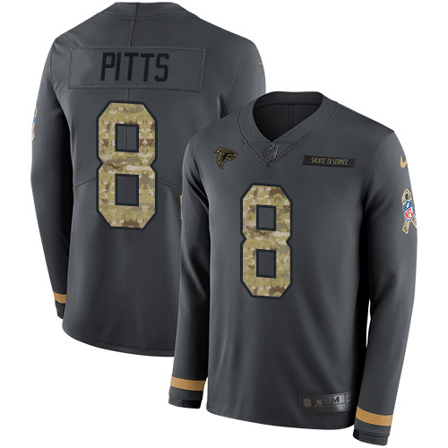 Falcons #8 Kyle Pitts Anthracite Salute To Service Men's Stitched Limited Therma Long Sleeve Jersey