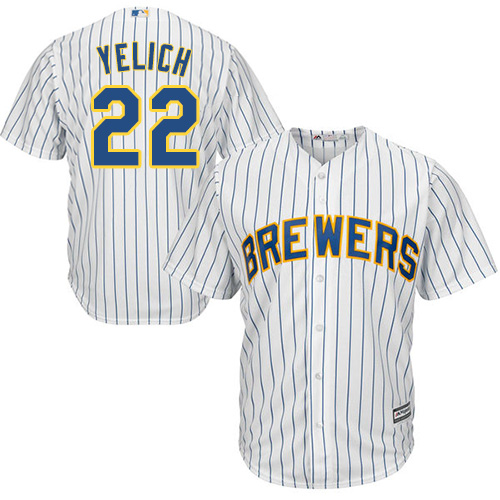 Milwaukee Brewers #22 Christian Yelich White(Blue Strip) New Cool Base Stitched Jersey Men's