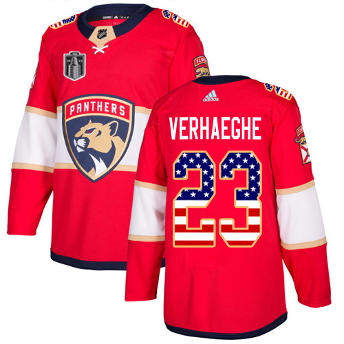 Adidas Panthers #23 Carter Verhaeghe Red 2023 Stanley Cup Final Patch Home Authentic USA Flag Stitched Jersey