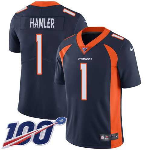 Broncos #1 KJ Hamler Navy Blue Alternate Men's Stitched 100th Season Vapor Untouchable Limited Jersey
