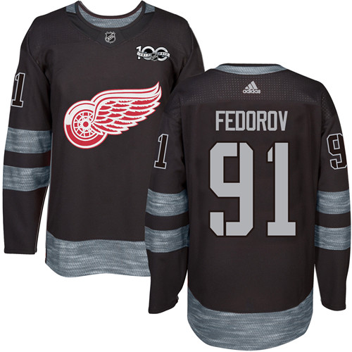 Adidas Detroit Red Wings #91 Sergei Fedorov Black 1917-2017 100th Anniversary Stitched Jersey Men's
