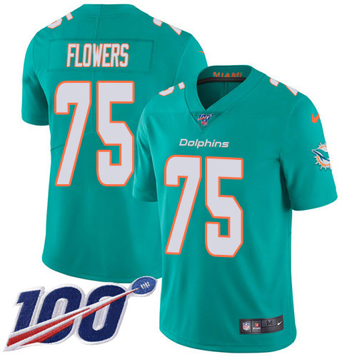 Miami Dolphins #75 Ereck Flowers Aqua Green Team Color Men's Stitched 100th Season Vapor Untouchable Limited Jersey Men's