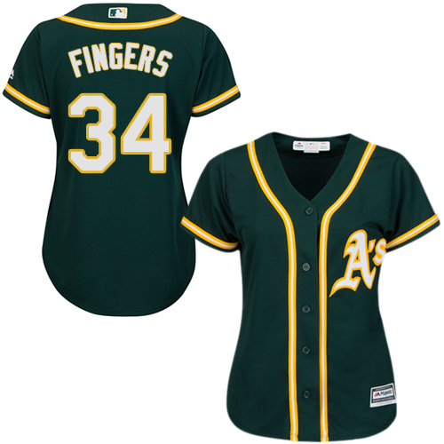 Oakland Athletics #34 Rollie Fingers Green Alternate Women's Stitched Jersey Womens