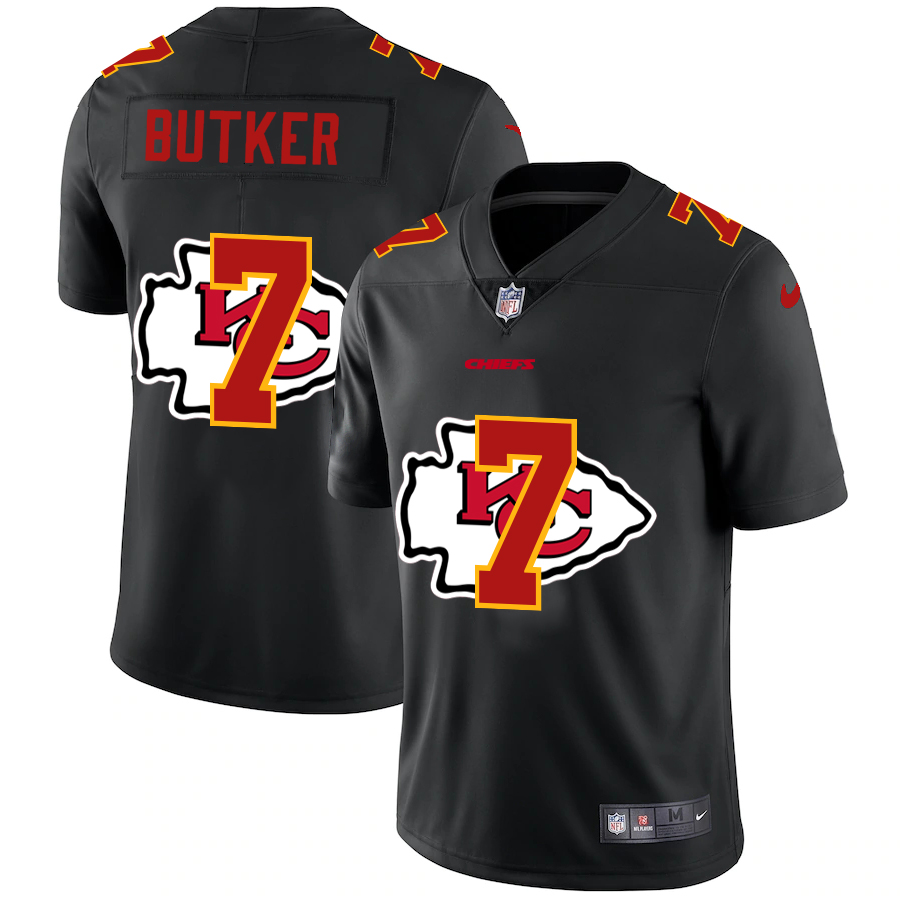 Kansas City Chiefs #7 Harrison Butker Men's Team Logo Dual Overlap Limited Jersey Black