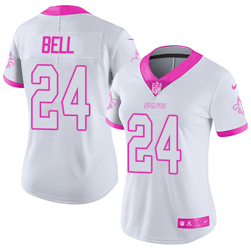 New Orleans Saints #24 Vonn Bell White/Pink Women's Stitched Limited Rush Fashion Jersey Womens