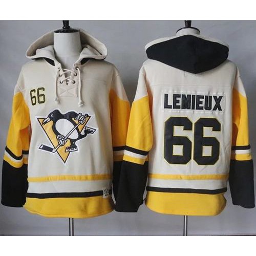 Pittsburgh Penguins #66 Mario Lemieux Cream/Gold Sawyer Hooded Sweatshirt Stitched Jersey Men's