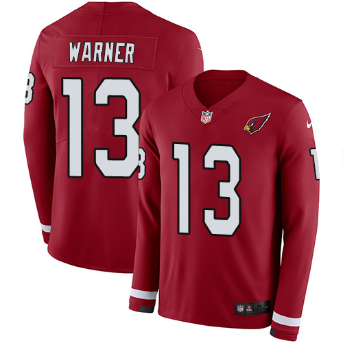 Arizona Cardinals #13 Kurt Warner Red Team Color Men's Stitched Limited Therma Long Sleeve Jersey Men's