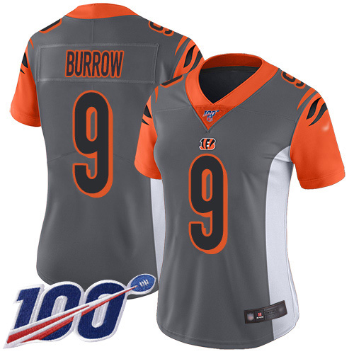 Bengals #9 Joe Burrow Silver Women's Stitched Limited Inverted Legend 100th Season Jersey