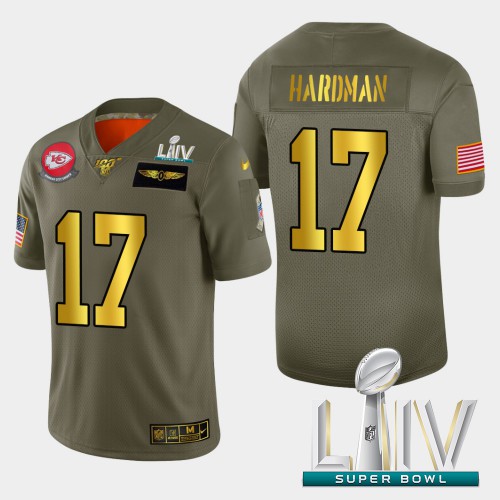 Kansas City Kansas City Chiefs #17 Mecole Hardman Men's Olive Gold Super Bowl LIV 2020 2019 Salute to Service Limited 100 Jersey Men's