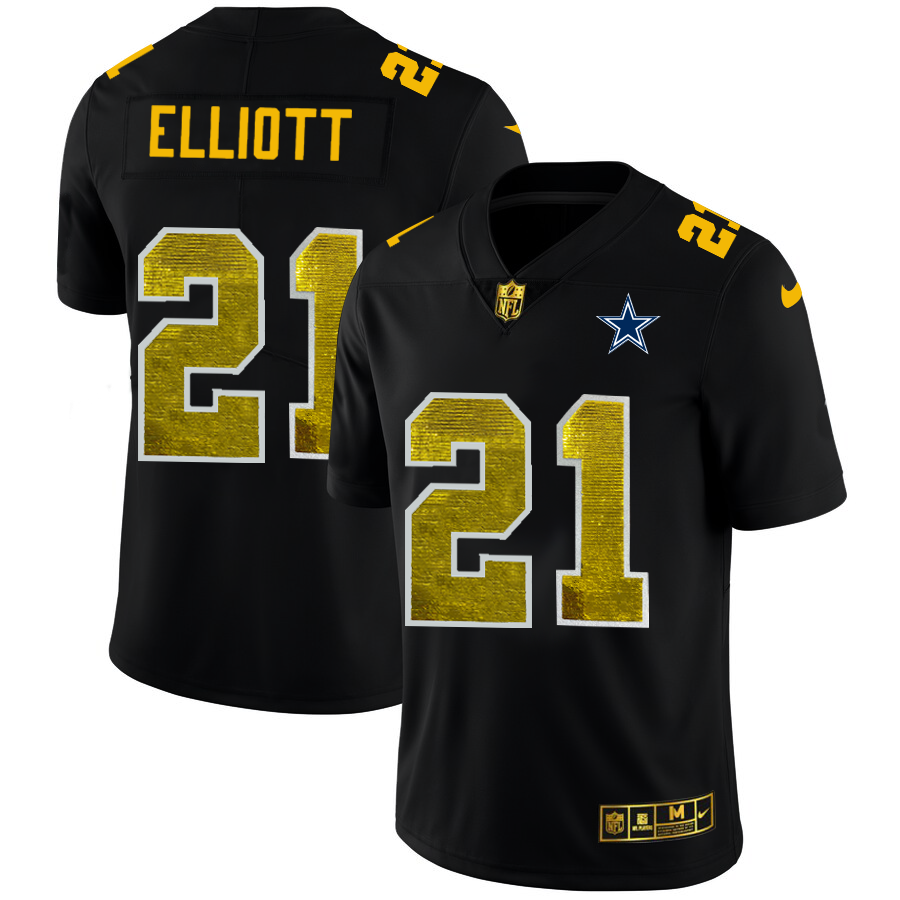 Dallas Cowboys #21 Ezekiel Elliott Men's Black Golden Sequin Vapor Limited Jersey