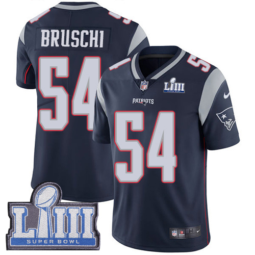 New England Patriots #54 Tedy Bruschi Navy Blue Team Color Super Bowl LIII Bound Men's Stitched Vapor Untouchable Limited Jersey Men's