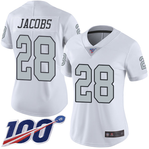 Raiders #28 Josh Jacobs White Women's Stitched Limited Rush 100th Season Jersey