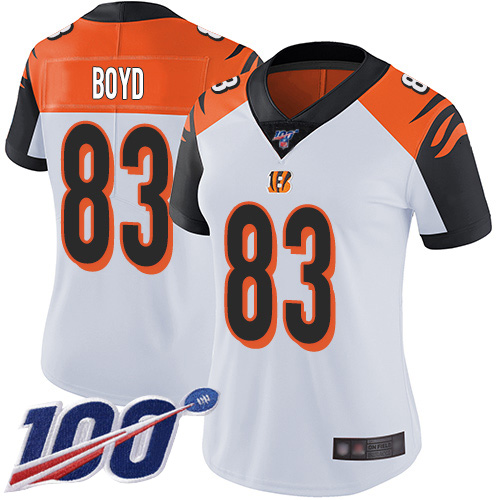 Bengals #83 Tyler Boyd White Women's Stitched 100th Season Vapor Limited Jersey