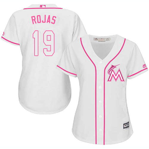 Miami Marlins #19 Miguel Rojas White/Pink Fashion Women's Stitched Jersey Womens