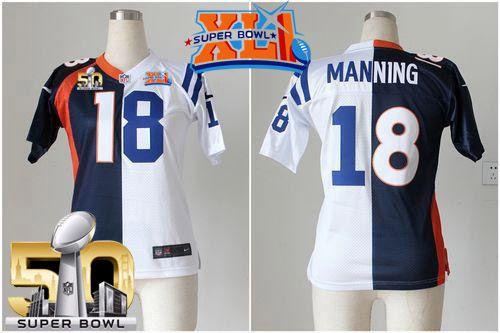 Colts #18 Peyton Manning Blue/White Super Bowl XLI & Super Bowl 50 Women's Stitched Elite Split Broncos Jersey