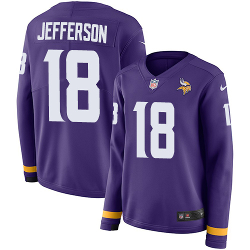 Vikings #18 Justin Jefferson Purple Team Color Women's Stitched Limited Therma Long Sleeve Jersey