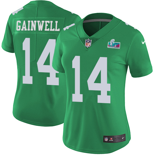 Eagles #14 Kenneth Gainwell Green Super Bowl LVII Patch Women's Stitched Limited Rush Jersey