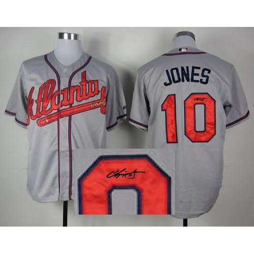 Atlanta Braves #10 Chipper Jones Grey Cool Base Autographed Stitched Jersey Men's