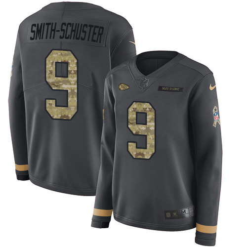 Chiefs #9 JuJu Smith-Schuster Anthracite Salute To Service Women's Stitched Limited Therma Long Sleeve Jersey