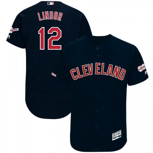Cleveland Guardians #12 Francisco Lindor Majestic Alternate 2019 All-Star Game Patch Flex Base Player Jersey Navy Men's