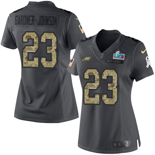 Eagles #23 C.J. Gardner-Johnson Black Super Bowl LVII Patch Women's Stitched Limited 2016 Salute To Service Jersey