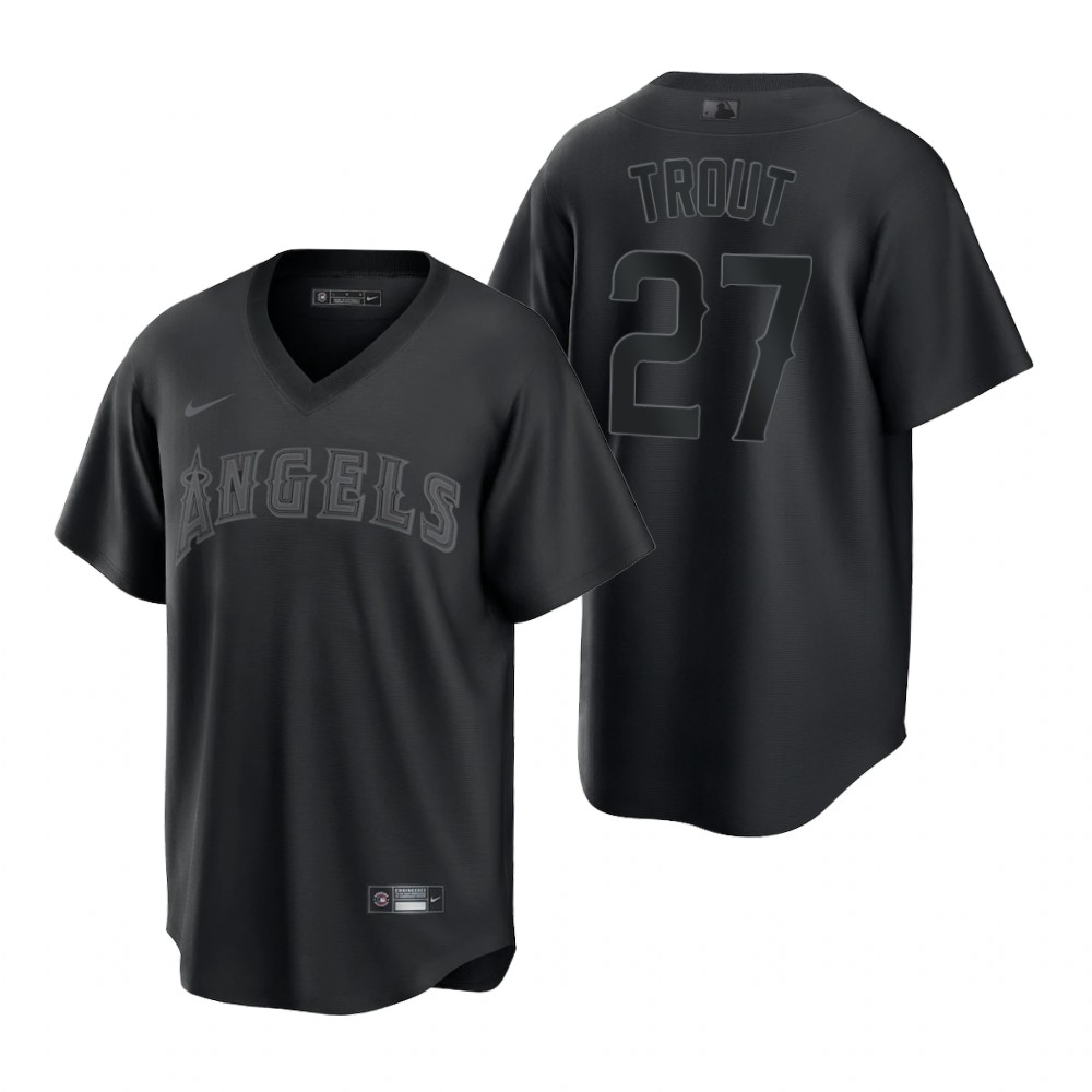 Los Angeles Angels #27 Mike Trout Men's Black Pitch Black Fashion Jersey