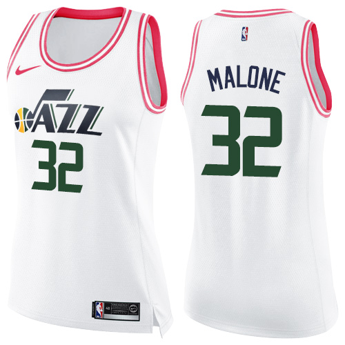 Utah Jazz #32 Karl Malone White/Pink Womens Swingman Fashion Jersey Womens