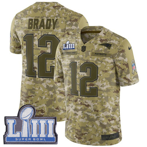 Patriots #12 Tom Brady Camo Super Bowl LIII Bound Youth Stitched Limited 2018 Salute To Service Jersey