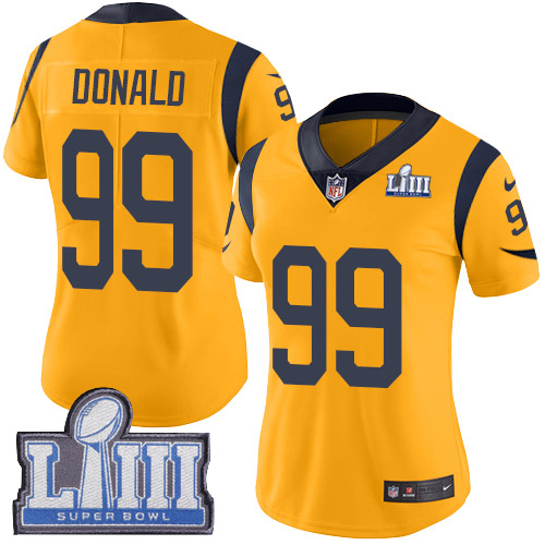 Rams #99 Aaron Donald Gold Super Bowl LIII Bound Women's Stitched Limited Rush Jersey