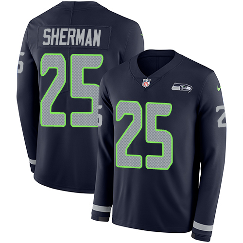 Seattle Seahawks #25 Richard Sherman Steel Blue Team Color Men's Stitched Limited Therma Long Sleeve Jersey Men's