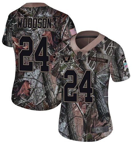 Raiders #24 Charles Woodson Camo Women's Stitched Limited Rush Realtree Jersey