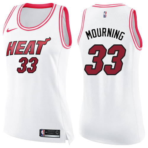 Miami Heat #33 Alonzo Mourning White/Pink Womens Swingman Fashion Jersey Womens