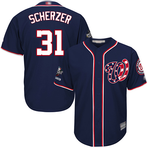 Washington Nationals #31 Max Scherzer Navy Blue New Cool Base 2019 World Series Champions Stitched Jersey Men's