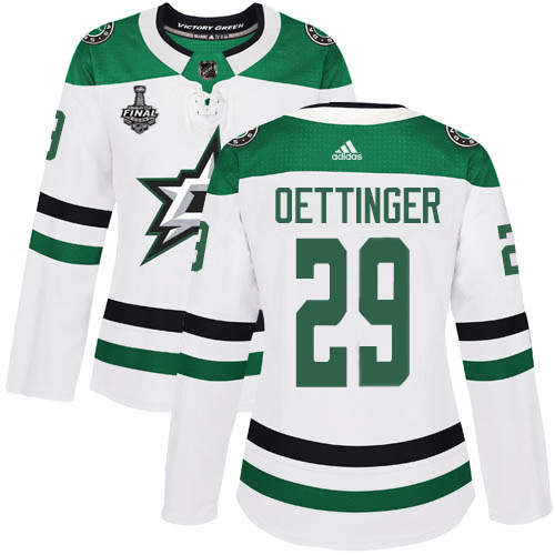 Adidas Dallas Stars #29 Jake Oettinger White Road Authentic Women's 2020 Stanley Cup Final Stitched Jersey Womens