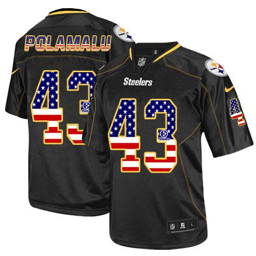 Steelers #43 Troy Polamalu Black Men's Stitched Elite USA Flag Fashion Jersey