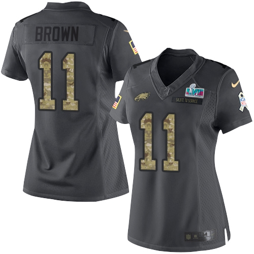 Eagles #11 A.J. Brown Black Super Bowl LVII Patch Women's Stitched Limited 2016 Salute To Service Jersey