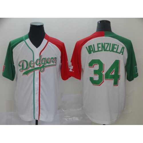 Los Angeles Dodgers #34 Fernando Valenzuela White Red/Green Split Cool Base Stitched Jersey Men's