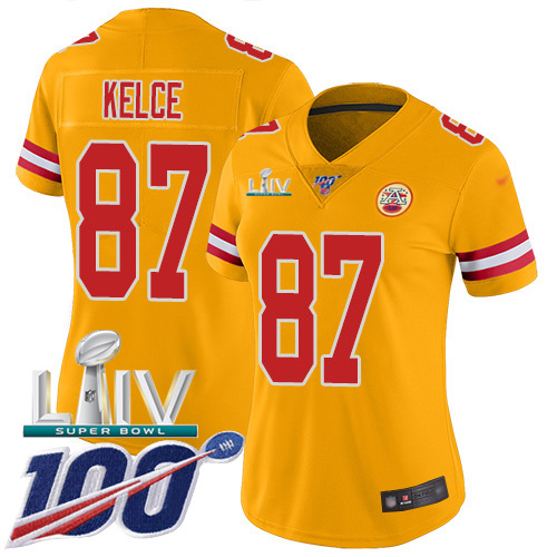 Chiefs #87 Travis Kelce Gold Super Bowl LIV 2020 Women's Stitched Limited Inverted Legend 100th Season Jersey