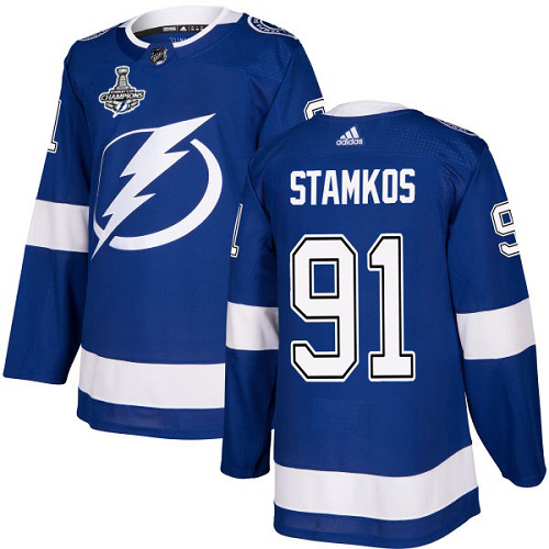 Adidas Tampa Bay Lightning #91 Steven Stamkos Blue Home Authentic Youth 2020 Stanley Cup Champions Stitched Jersey Youth