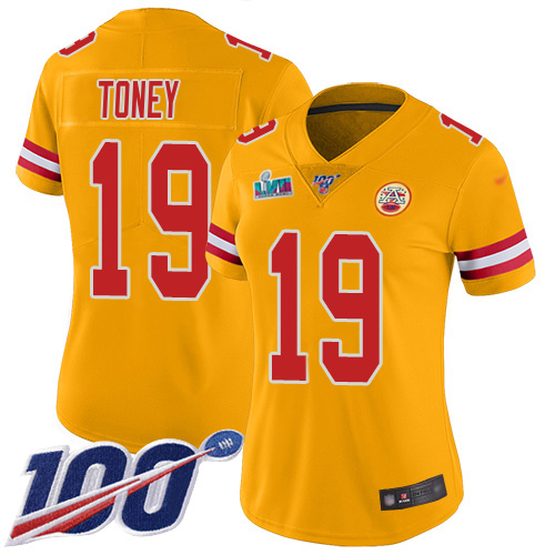 Chiefs #19 Kadarius Toney Gold Super Bowl LVII Patch Women's Stitched Limited Inverted Legend 100th Season Jersey