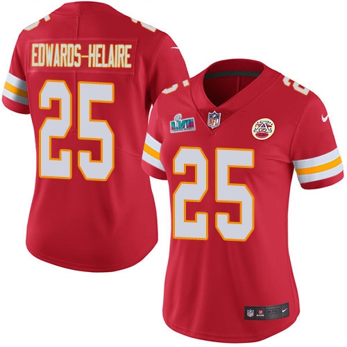 Chiefs #25 Clyde Edwards-Helaire Red Team Color Super Bowl LVII Patch Women's Stitched Vapor Untouchable Limited Jersey