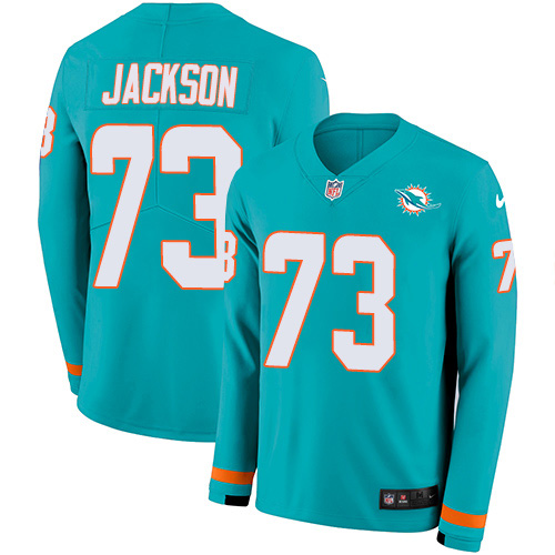 Miami Dolphins #73 Austin Jackson Aqua Green Team Color Men's Stitched Limited Therma Long Sleeve Jersey Men's