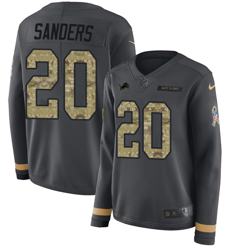 Lions #20 Barry Sanders Anthracite Salute To Service Women's Stitched Limited Therma Long Sleeve Jersey