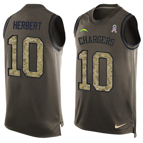 Chargers #10 Justin Herbert Green Men's Stitched Limited Salute To Service Tank Top Jersey