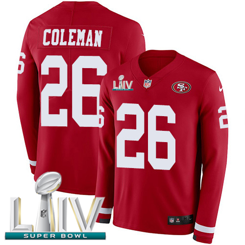 San Francisco 49ers #26 Tevin Coleman Red Super Bowl LIV 2020 Team Color Youth Stitched Limited Therma Long Sleeve Jersey Youth
